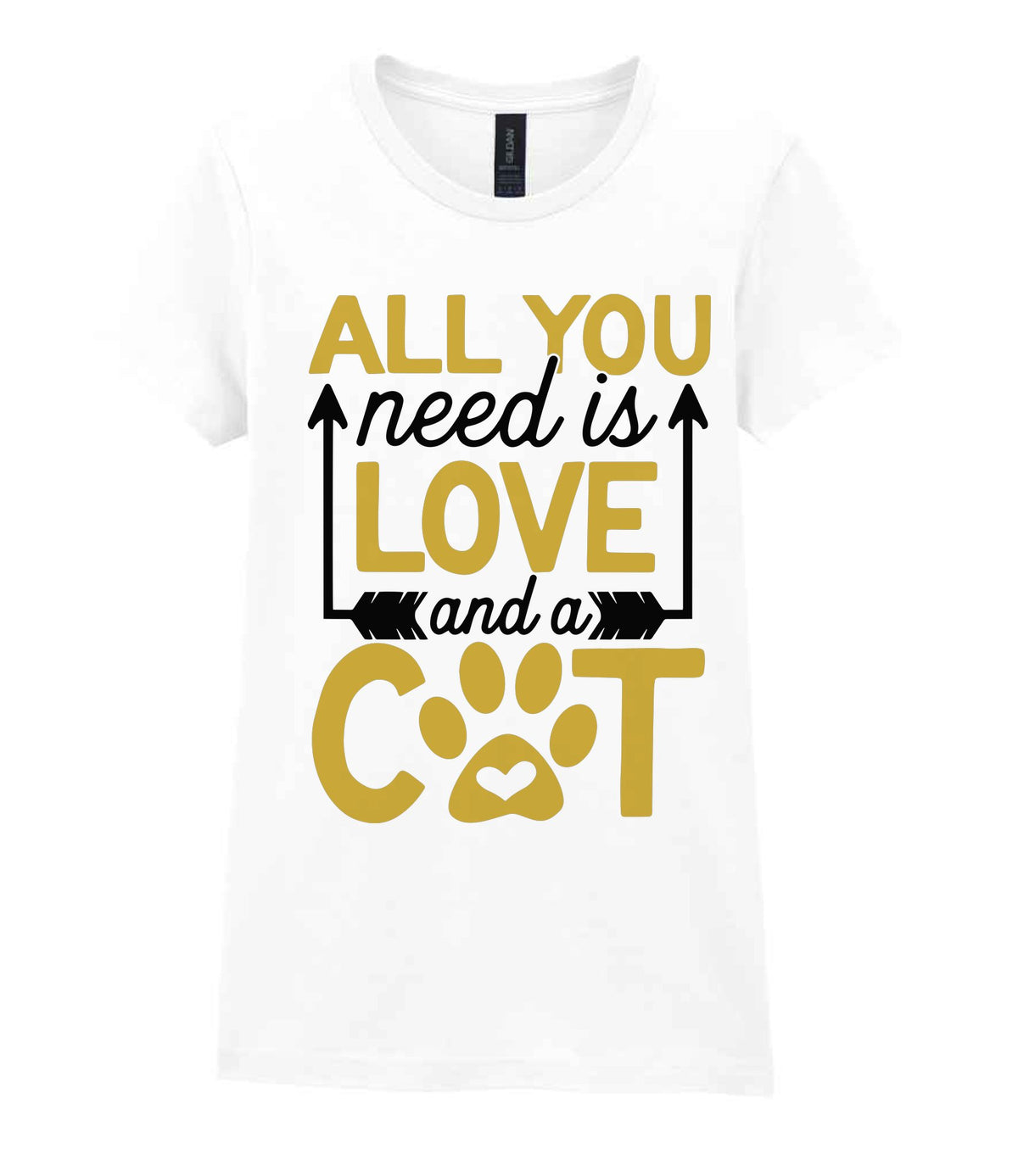 ALL YOU Need Is LOVE and a CAT – Ladies T-Shirt in White with Gold vinyl