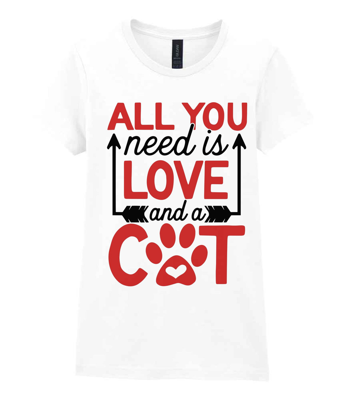 ALL YOU Need Is LOVE and a CAT – Ladies T-Shirt in White with Red vinyl
