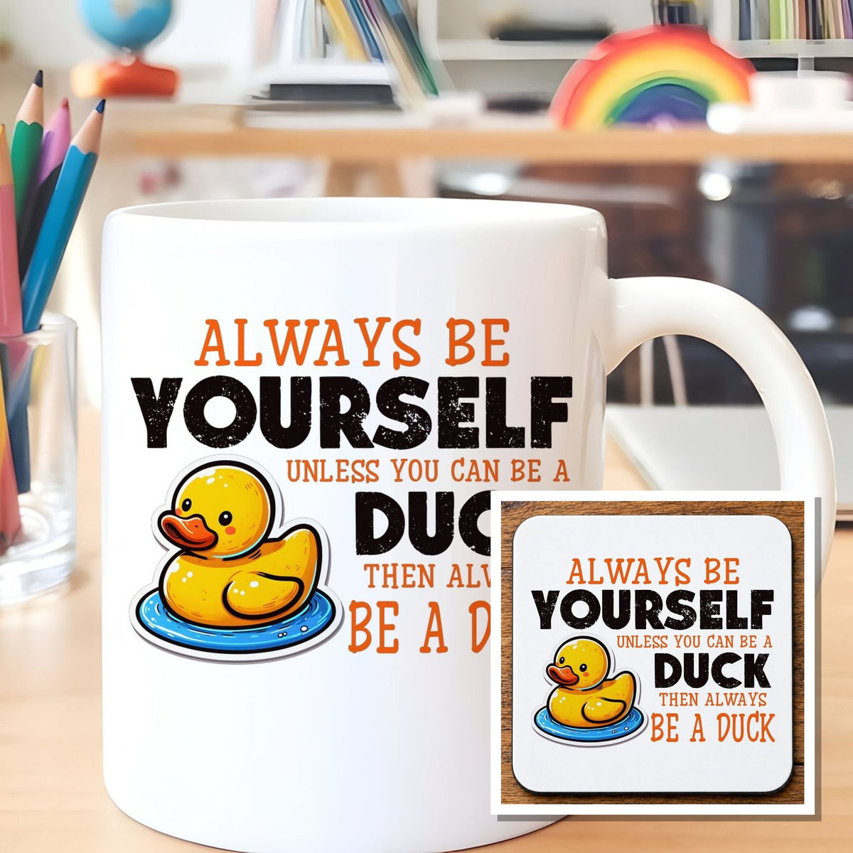 Always Be A Duck Matching Set - Mug and Coaster Gift Set in White