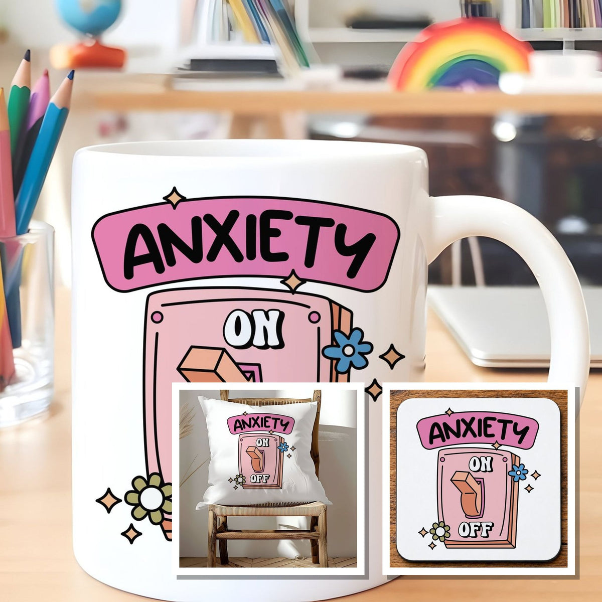 Anxiety Switch Mug, Coaster and Cushion Matching Set in White