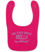 ARE THESE PEOPLE REALLY My Relatives? – Larkwood Baby/Toddler Bib in Fuchsia with Baby Blue vinyl