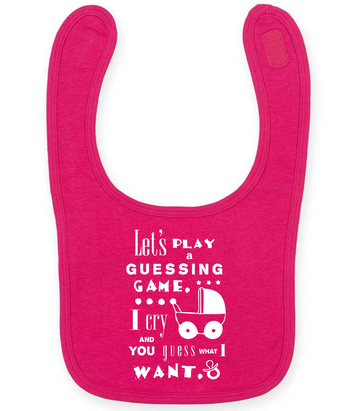 Baby Guessing Game Quote toddler bib in fuchsia