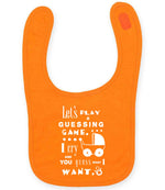Baby Guessing Game Quote toddler bib in orange