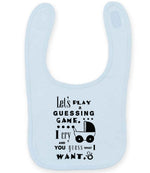 Baby Guessing Game Quote toddler bib in pale blue