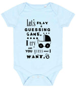 Baby Guessing Game Quote baby bodysuit in pale blue