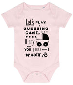 Baby Guessing Game Quote baby bodysuit in pale pink