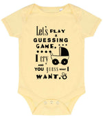 Baby Guessing Game Quote baby bodysuit in pale yellow