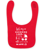 Baby Guessing Game Quote toddler bib in red