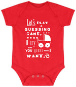 Baby Guessing Game Quote baby bodysuit in red