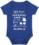 Baby Guessing Game Quote baby bodysuit in royal blue
