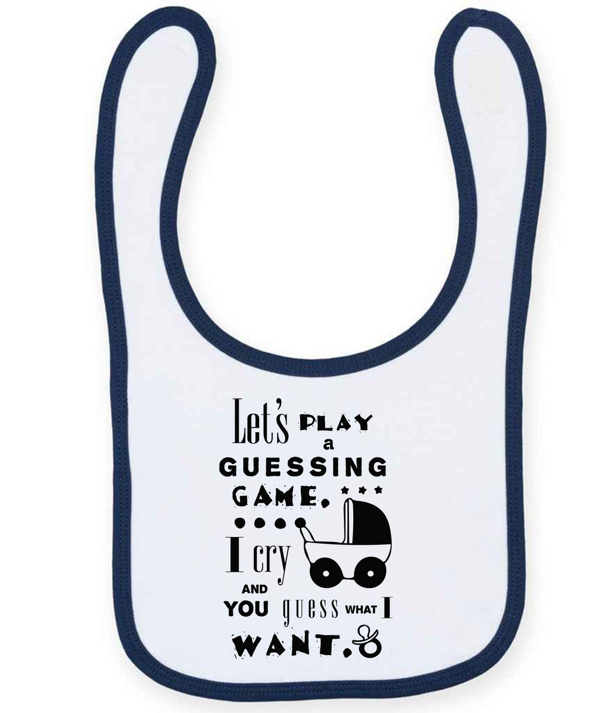 Baby Guessing Game Quote toddler bib in white/navy