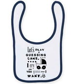 Baby Guessing Game Quote toddler bib in white/navy