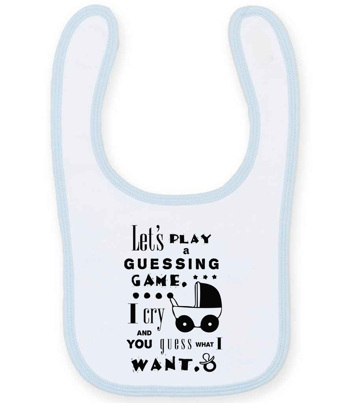 Baby Guessing Game Quote toddler bib in white/pale blue