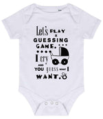 Baby Guessing Game Quote baby bodysuit in white