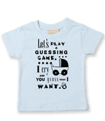 Baby Guessing Game Quote t-shirt in pale blue