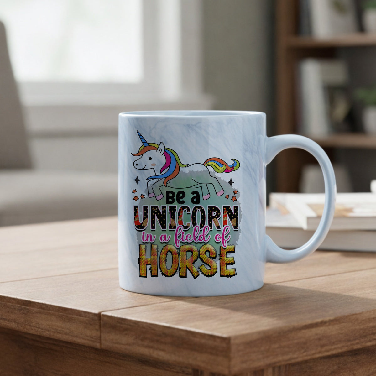 Be a UNICORN in a Field of HORSE marble mug in blue