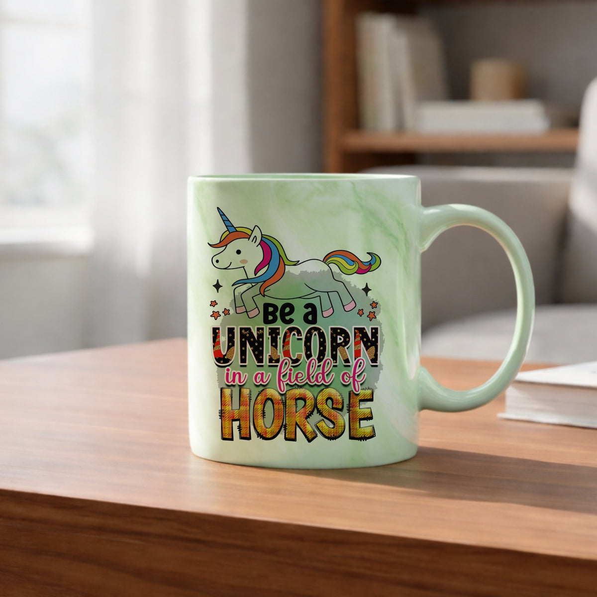 Be a UNICORN in a Field of HORSE marble mug in green