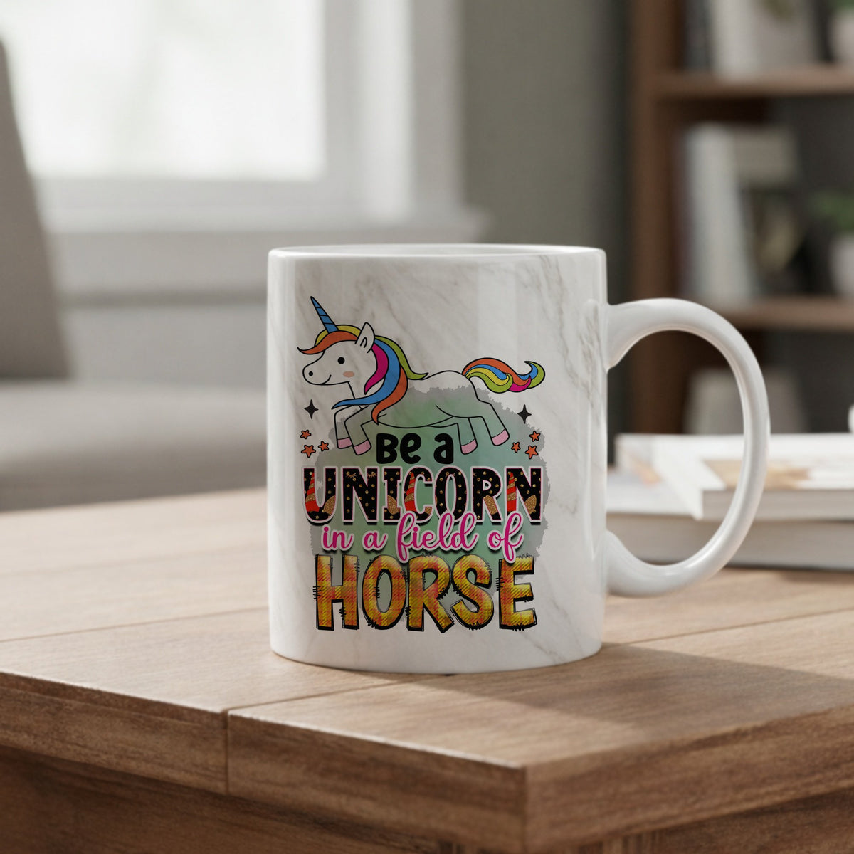 Be a UNICORN in a Field of HORSE marble mug in grey
