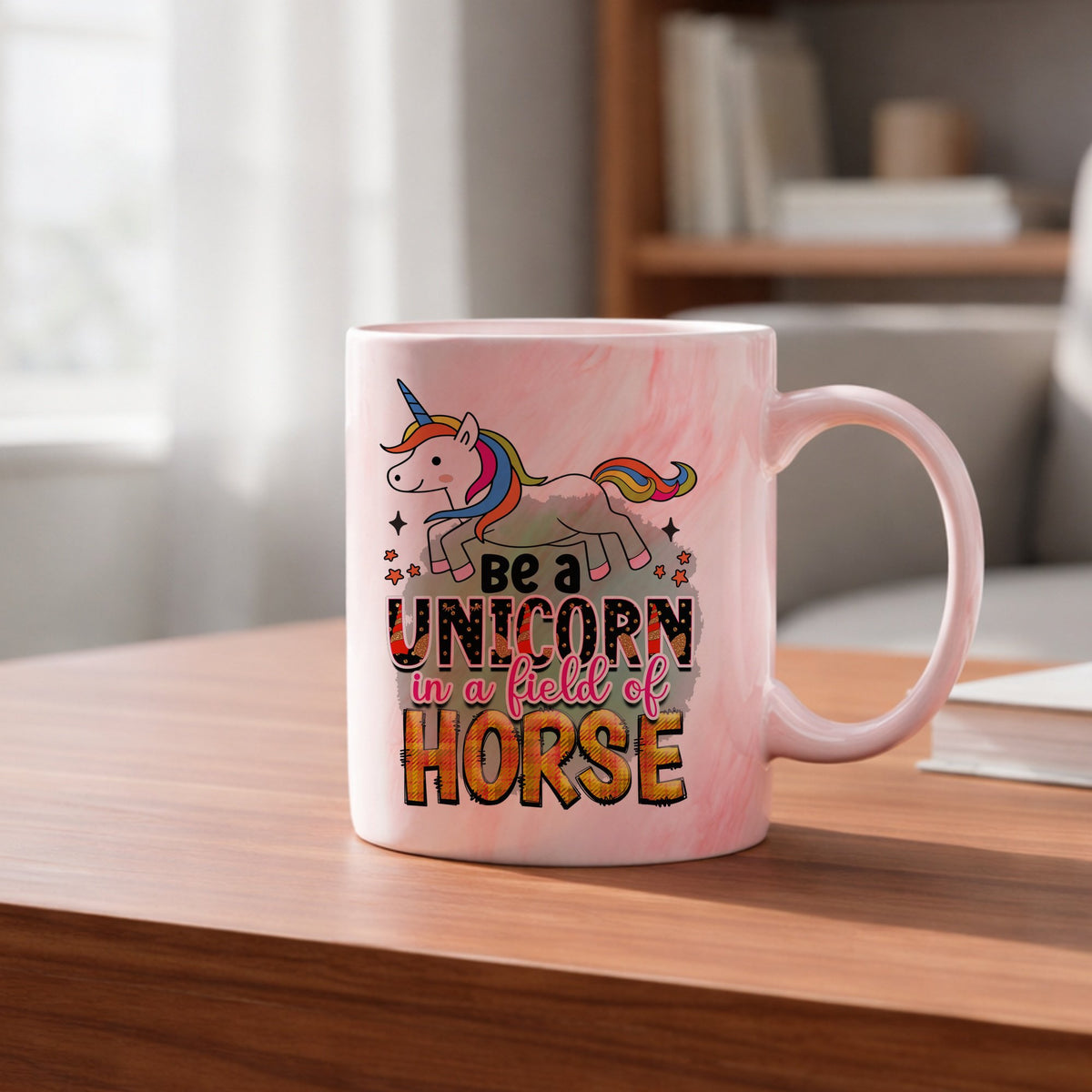 Be a UNICORN in a Field of HORSE marble mug in red