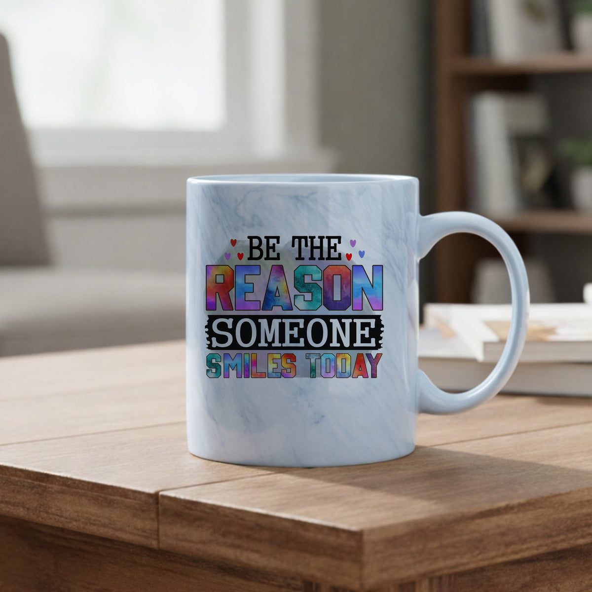 Be the Reason Someone Smiles Today marble mug in blue