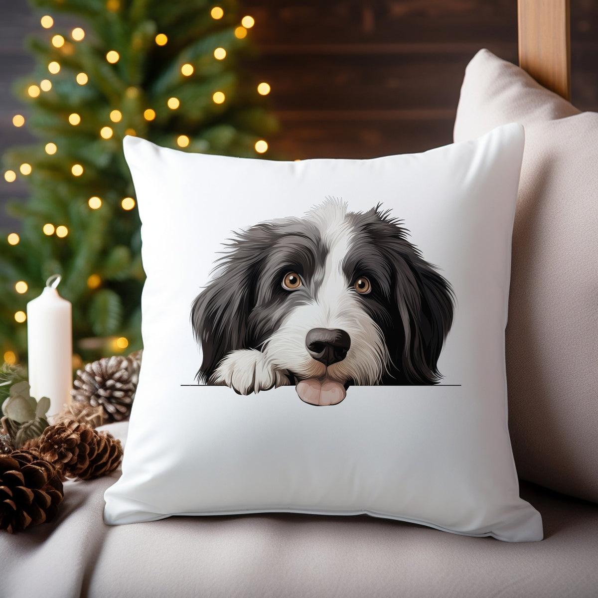 Bearded Collie Face cushion in white