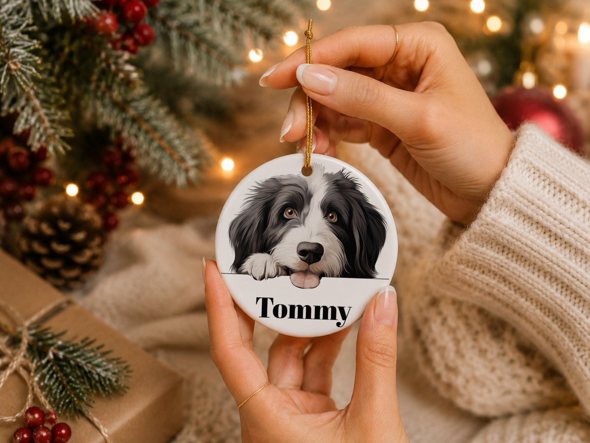 Customisable Bearded Collie Face – Ceramic Hanging Decoration, personalised with your own text