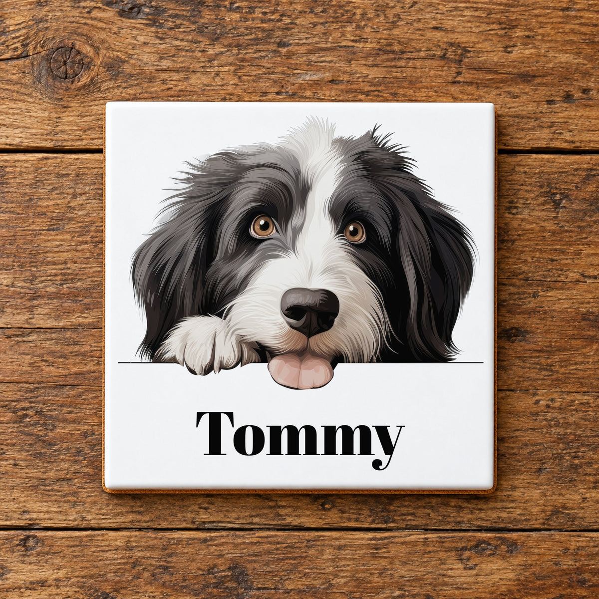 Customisable Bearded Collie Face – Ceramic Coaster, personalised with your own text