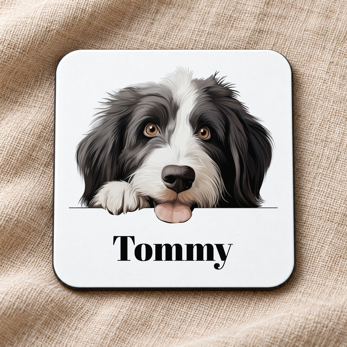 Customisable Bearded Collie Face – Coaster, personalised with your own text