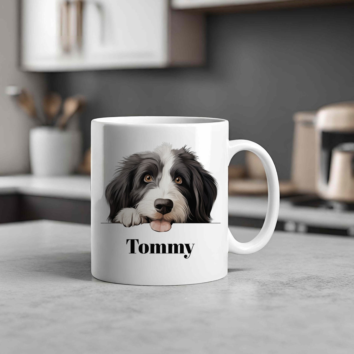 Customisable Bearded Collie Face – Orca 11oz Standard Mug, personalised with your own text