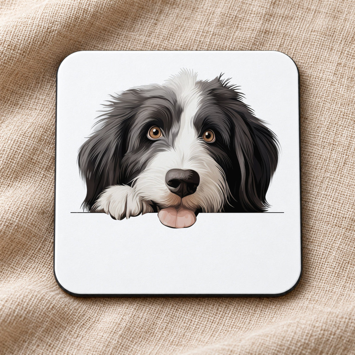 Bearded Collie Face coaster in white