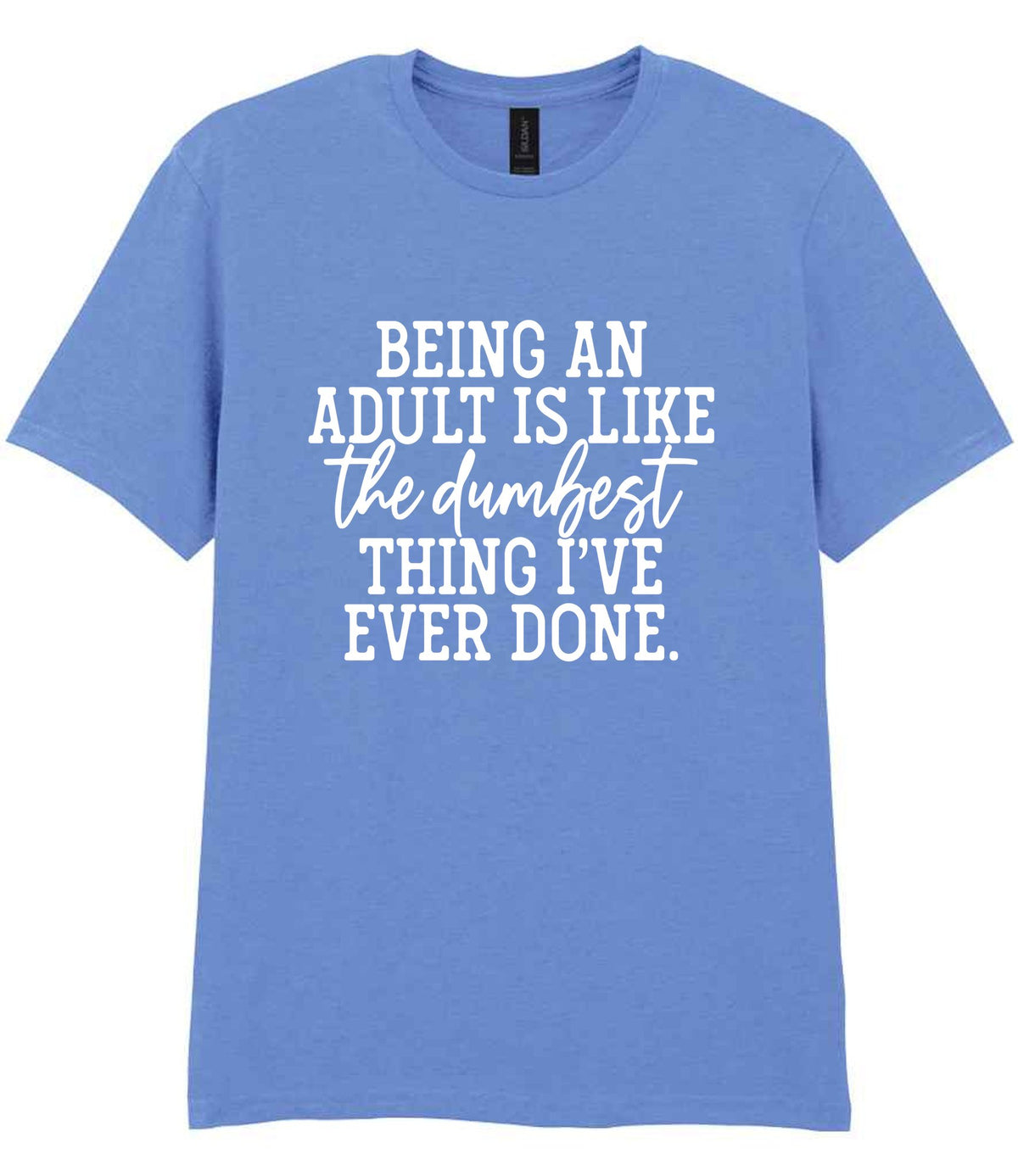 BEING AN ADULT IS LIKE the Dumbest THING I'VE EVER DONE. t-shirt in carolina blue
