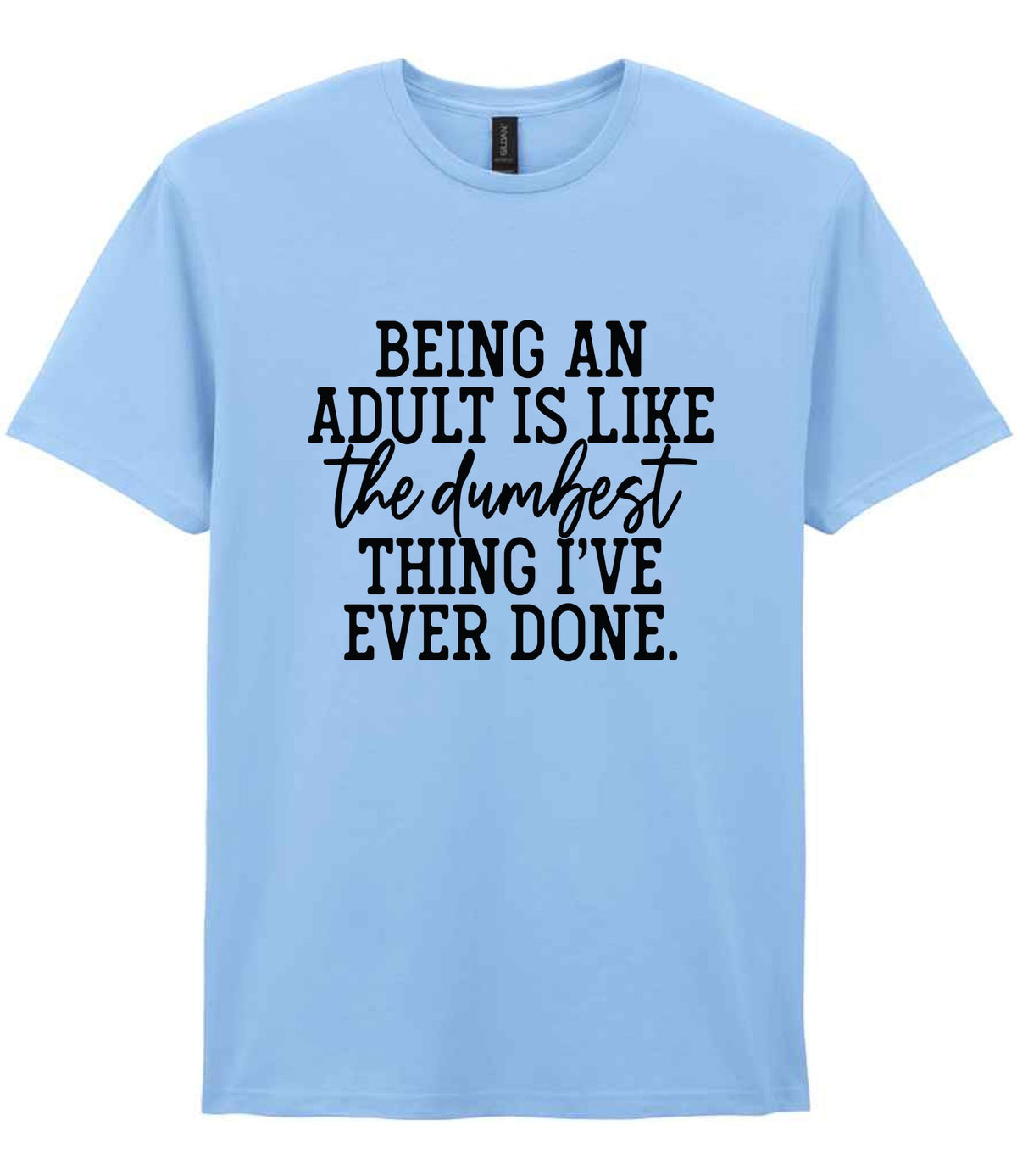 BEING AN ADULT IS LIKE the Dumbest THING I'VE EVER DONE. t-shirt in light blue