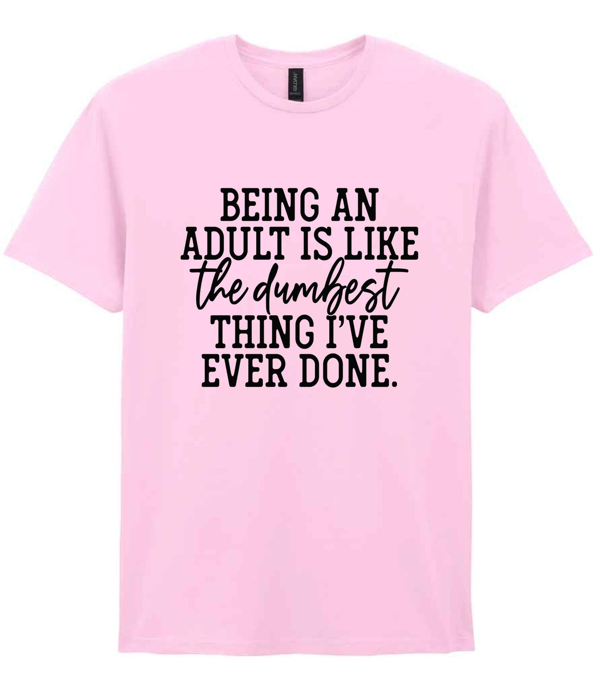 BEING AN ADULT IS LIKE the Dumbest THING I'VE EVER DONE. t-shirt in light pink