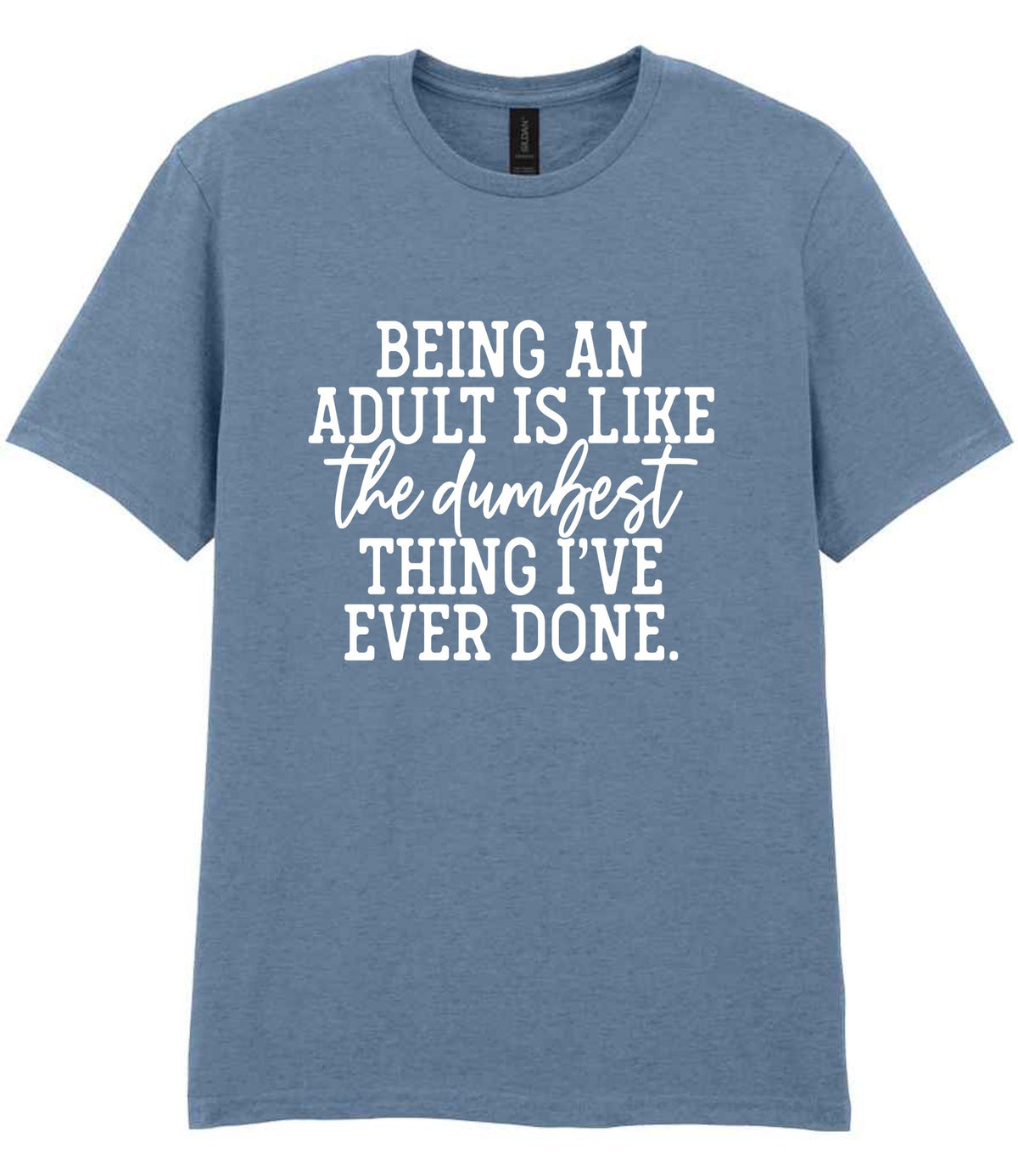 BEING AN ADULT IS LIKE the Dumbest THING I'VE EVER DONE. t-shirt in stone blue