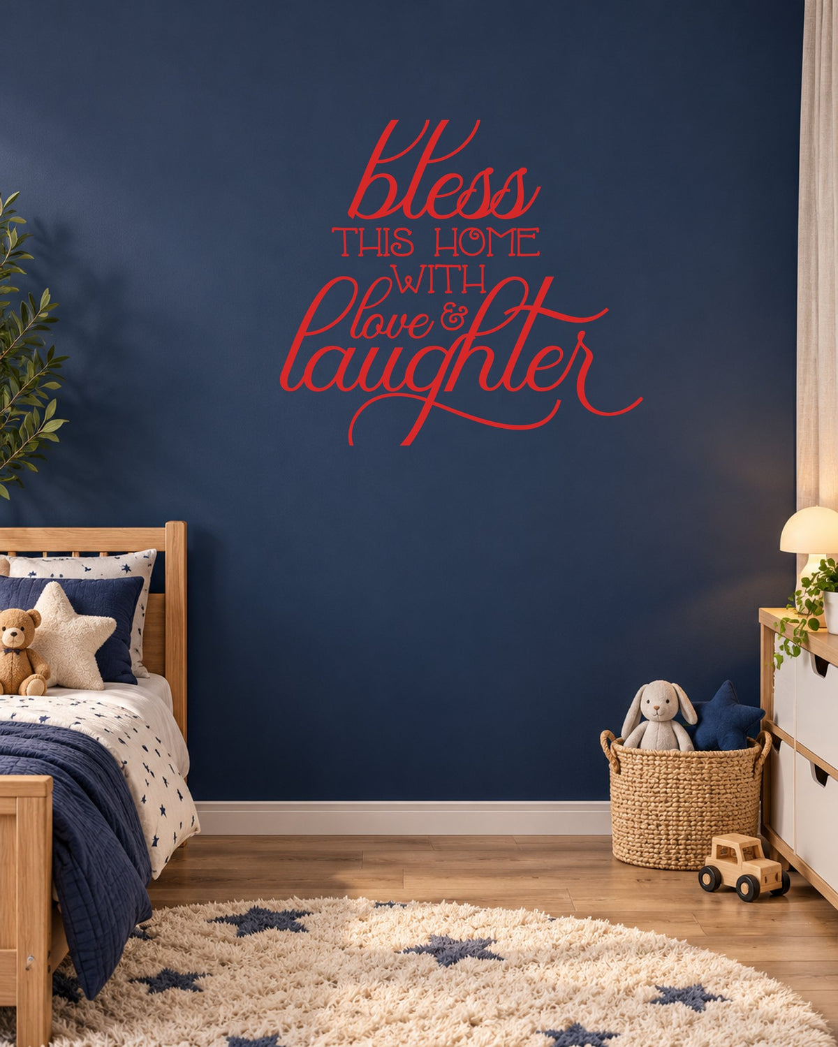 Bless THIS HOME WITH Love & Laughter – Wall Sticker in Dark Wall with Red vinyl