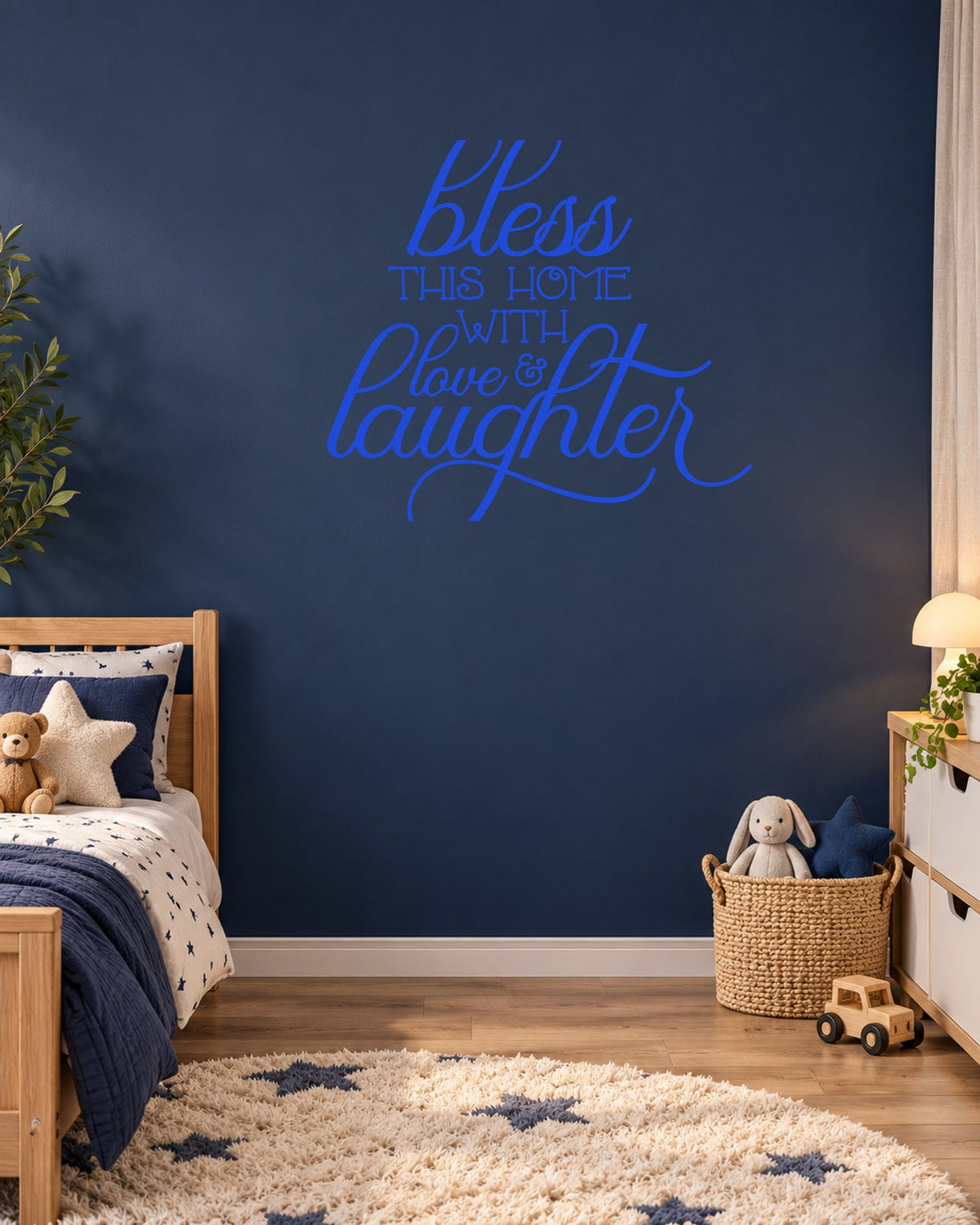Bless THIS HOME WITH Love & Laughter – Wall Sticker in Dark Wall with Royal Blue vinyl
