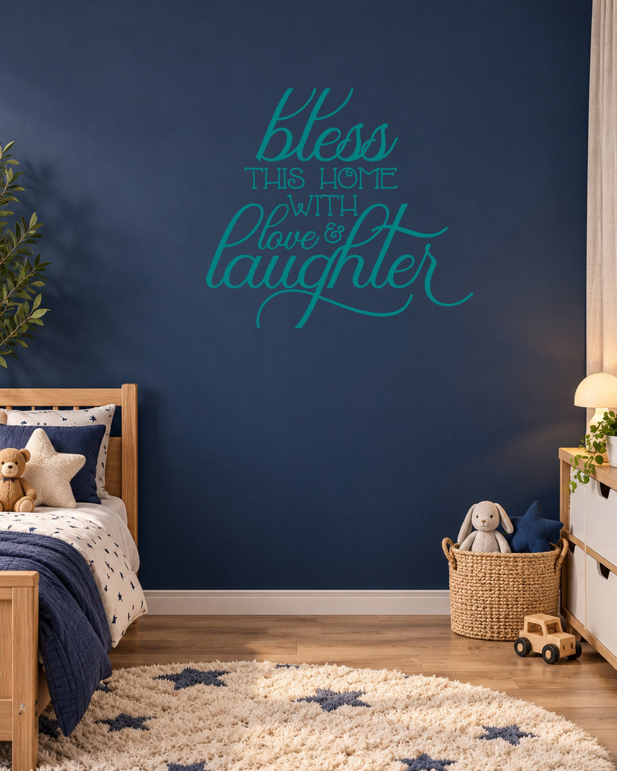 Bless THIS HOME WITH Love & Laughter – Wall Sticker in Dark Wall with Teal vinyl