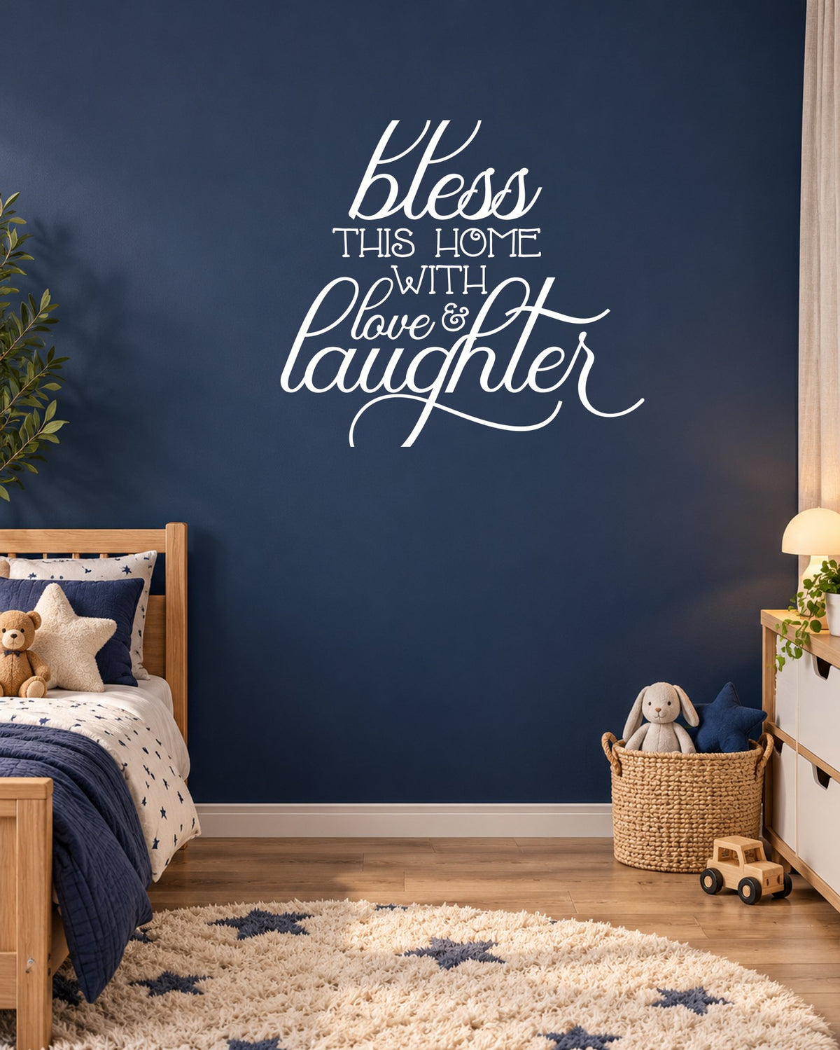 Bless THIS HOME WITH Love & Laughter – Wall Sticker in Dark Wall with White vinyl