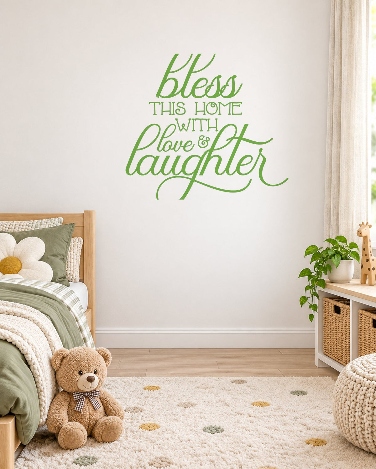 Bless THIS HOME WITH Love & Laughter – Wall Sticker in Light Wall with Apple Green vinyl