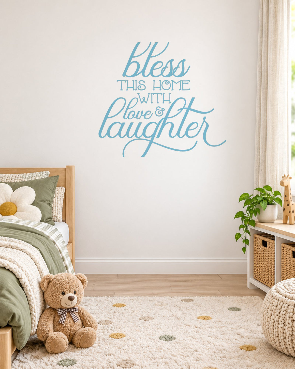 Bless THIS HOME WITH Love & Laughter – Wall Sticker in Light Wall with Baby Blue vinyl