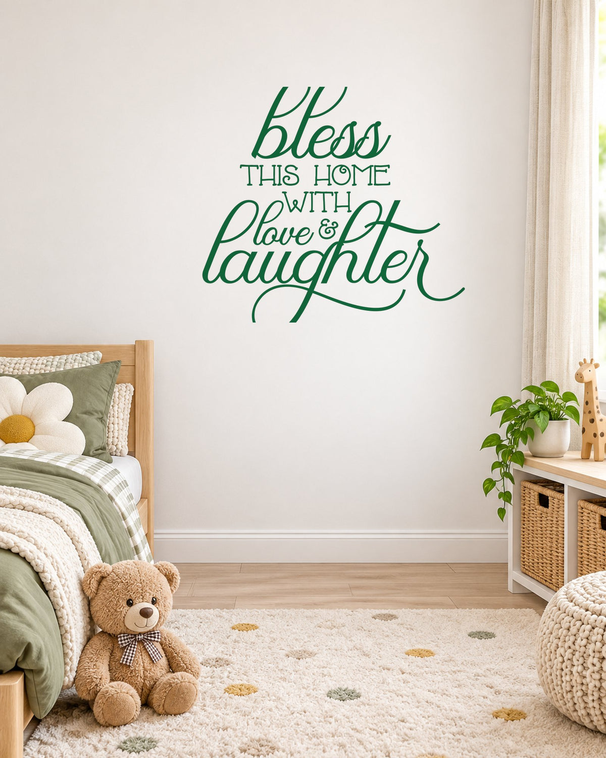 Bless THIS HOME WITH Love & Laughter – Wall Sticker in Light Wall with Dark Green vinyl