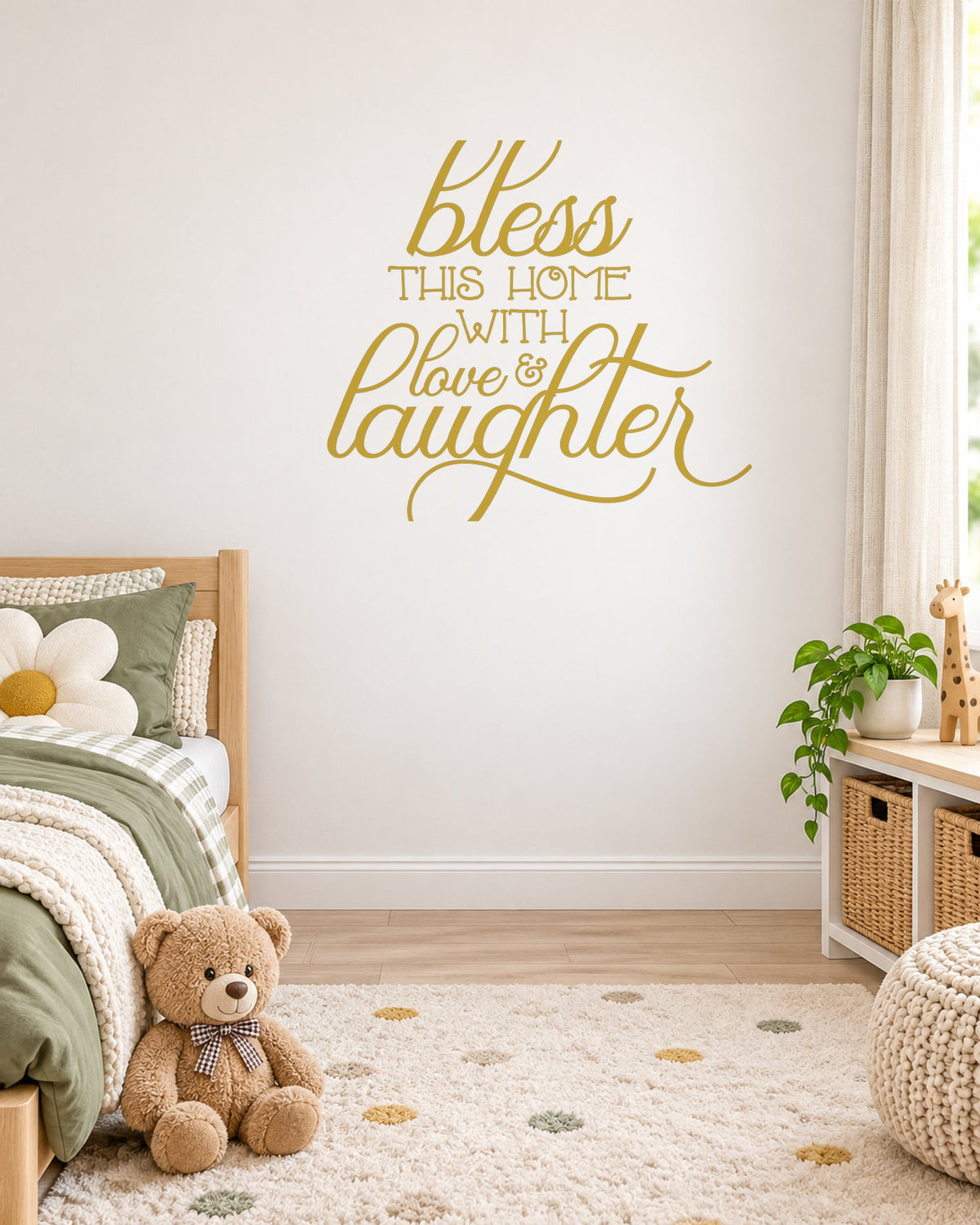 Bless THIS HOME WITH Love & Laughter – Wall Sticker in Light Wall with Gold vinyl
