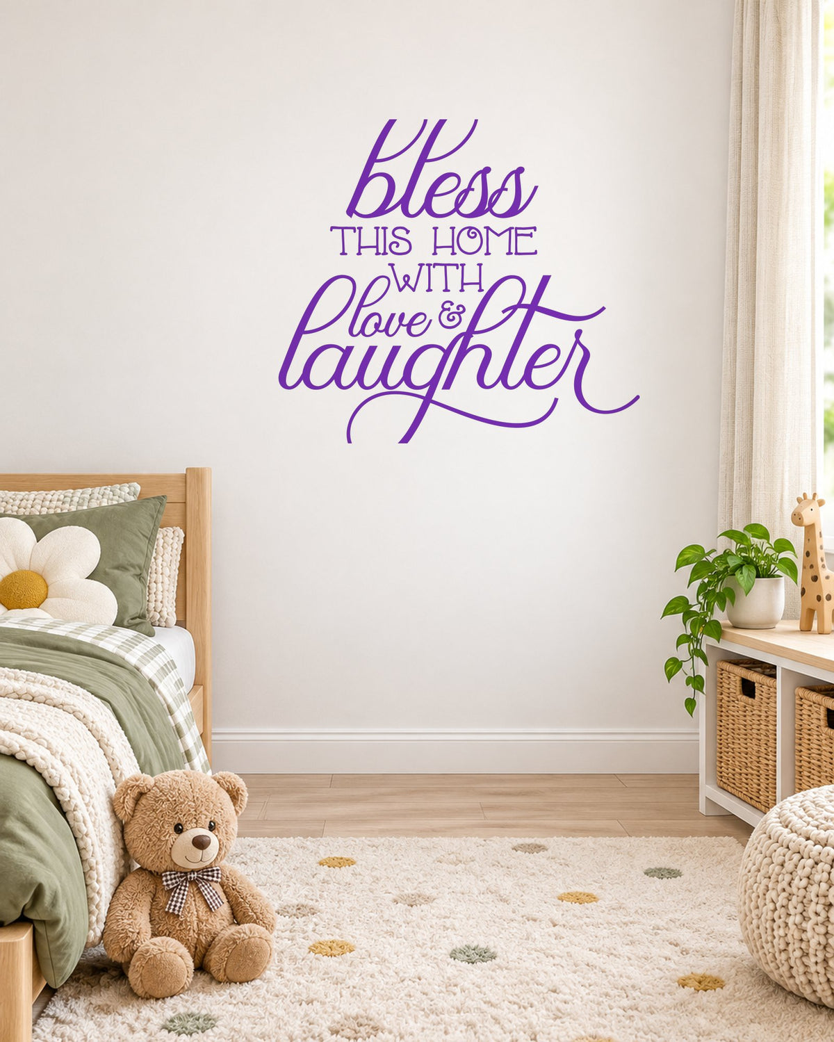 Bless THIS HOME WITH Love & Laughter – Wall Sticker in Light Wall with Purple vinyl