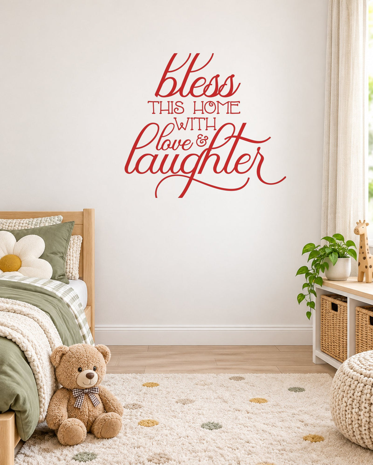 Bless THIS HOME WITH Love & Laughter – Wall Sticker in Light Wall with Red vinyl