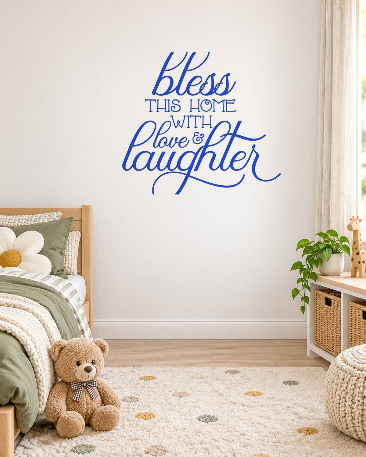 Bless THIS HOME WITH Love & Laughter – Wall Sticker in Light Wall with Royal Blue vinyl