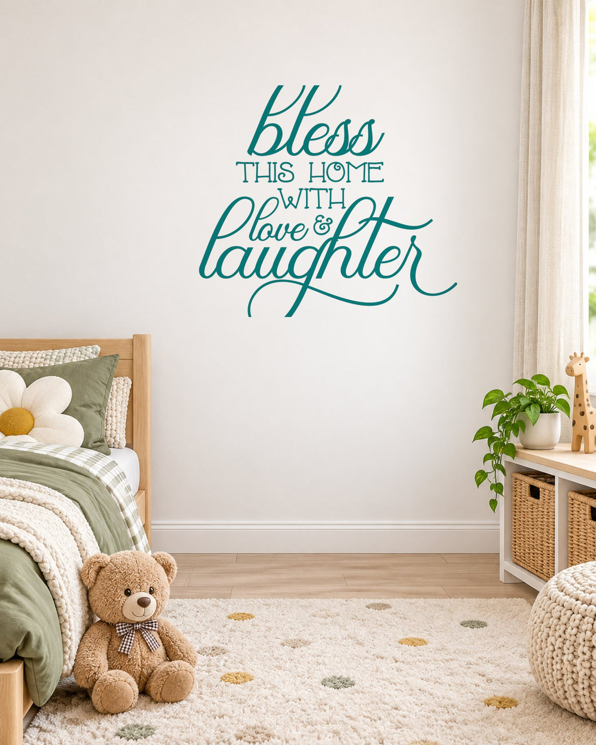 Bless THIS HOME WITH Love & Laughter – Wall Sticker in Light Wall with Teal vinyl