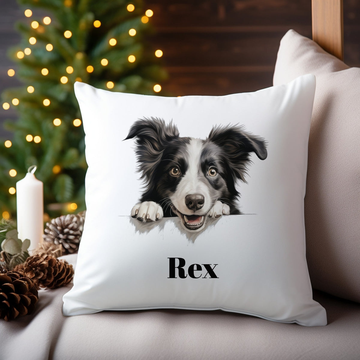 Customisable Border Collie Portrait – Cushion, personalised with your own text