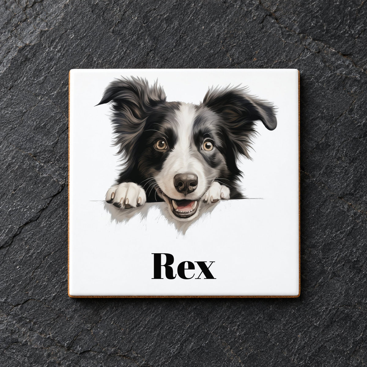 Customisable Border Collie Portrait – Ceramic Coaster, personalised with your own text