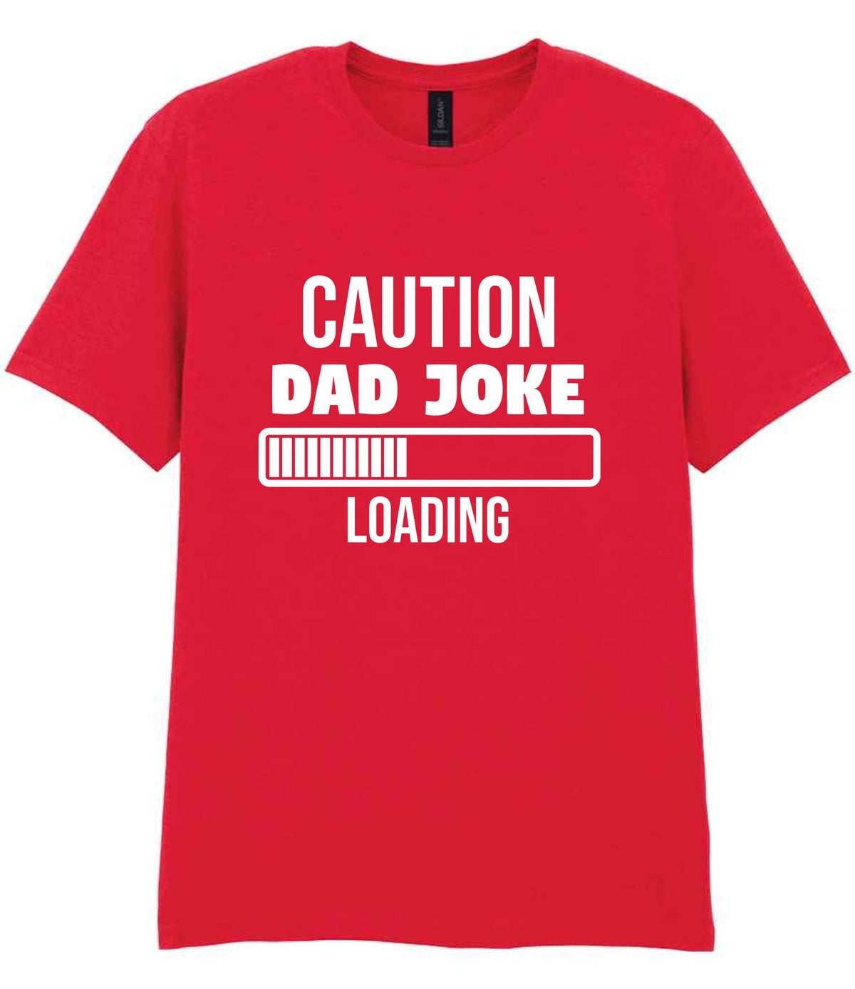 Caution Dad Joke Loading t-shirt in red