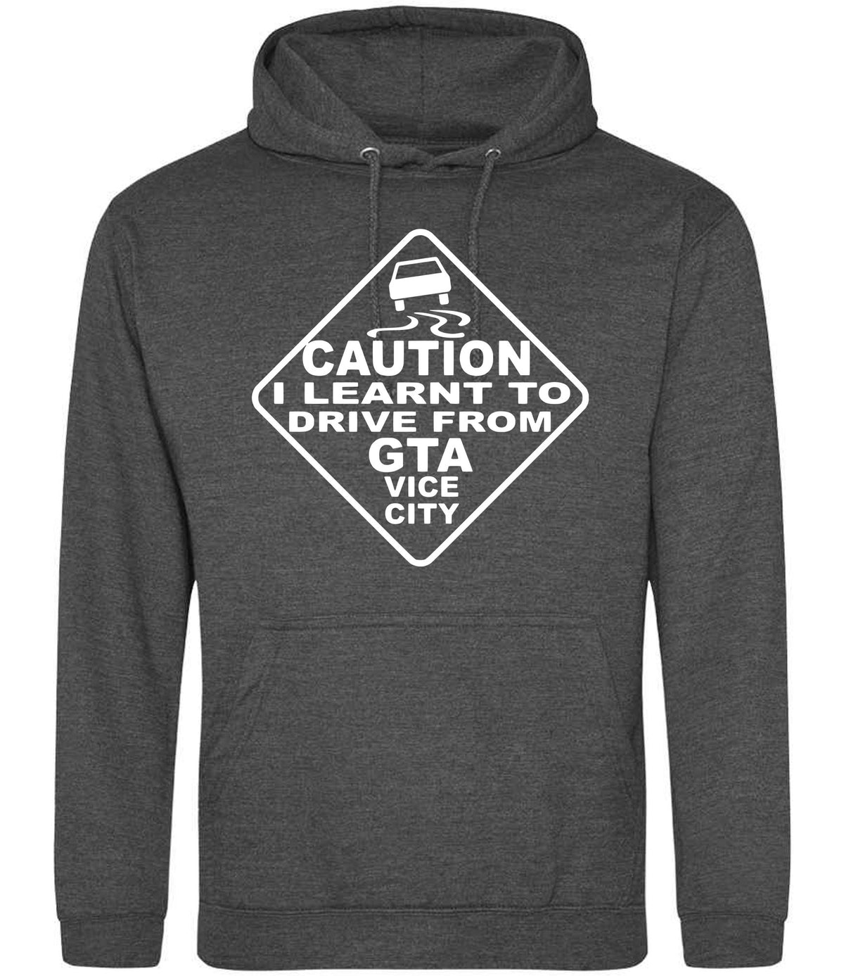 Caution I Learnt to Drive From Gta Vice City – Unisex Hoodie in Charcoal